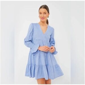 Pomander Place Kenzo Blue Chambray Tiered Smocked Sleeve Mini Dress XL